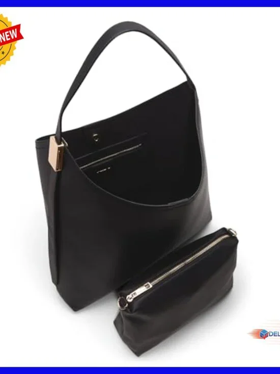 Large Hobo Shoulder Bag, Polyurethane, Roomy Satchel with Snap Closure - Picture 2 of 5